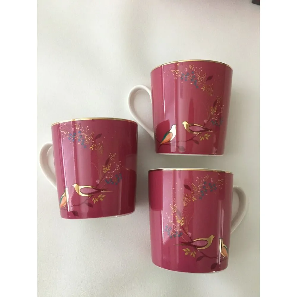 Sara Miller London Portmeirion Chelsea Pink Mugs 12 Oz Gold Set of 3 New Box